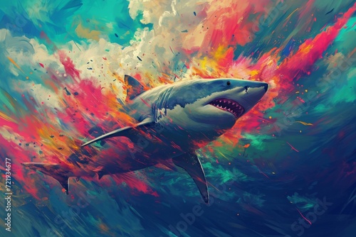A mesmerizing acrylic painting captures the grace and power of a shark's fin gliding through a vibrant reef, surrounded by schools of colorful fish