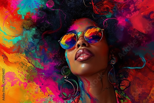 A vibrant woman's portrait captures the essence of art and fashion with her magenta makeup, stylish sunglasses, and captivating smile