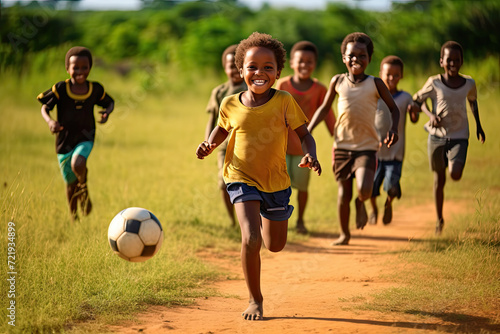 Joyful Children Playing Soccer in a Sunlit African Village