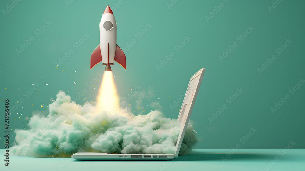 Illustration of a rocket launches from a laptop keyboard. Startup ...