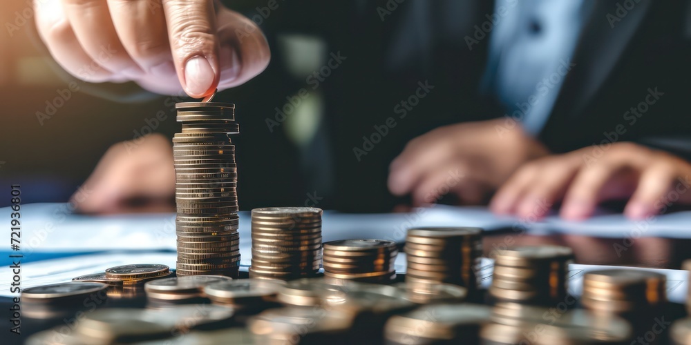 Businessman and his corporate team as they collaborate, stacking coins and meticulously counting them on a table. Businessman and his corporate team as they collaborate, stacking coins and meticulously counting them on a table.