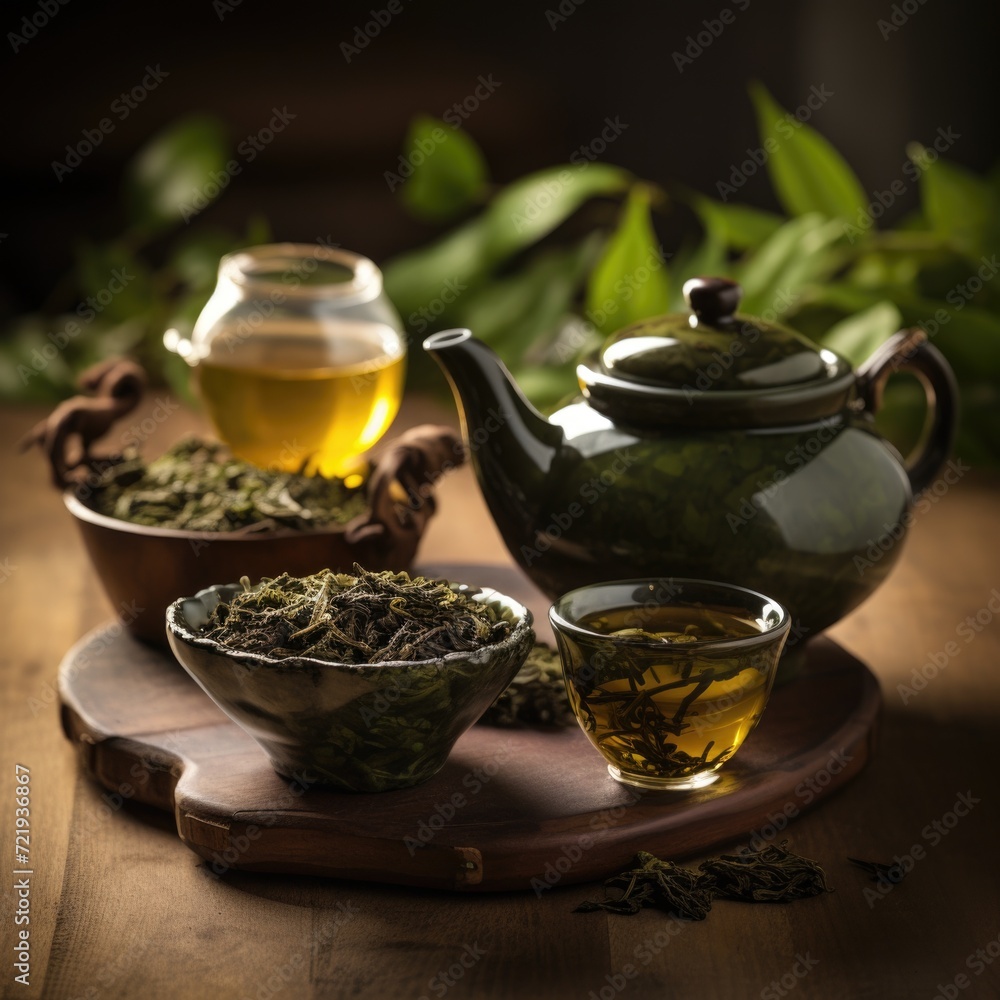 Oolong green tea in a teapot and bowl Oolong green tea in a teapot and bowl