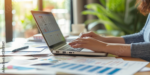 person's hands typing on a laptop with tax spreadsheets, surrounded by legal tax documents and deduction files, in a high-detail office setting