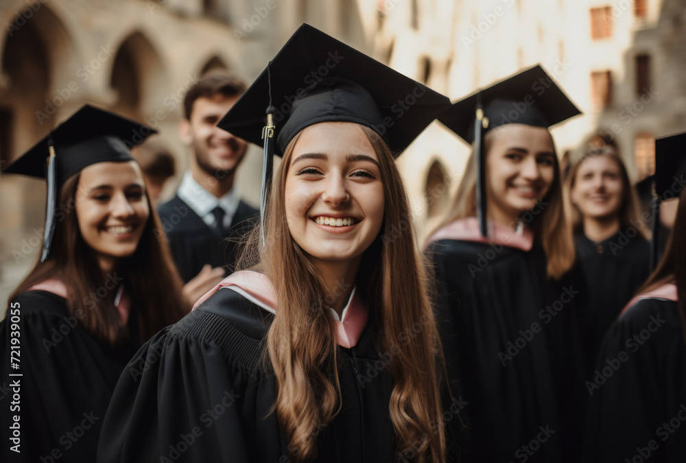 Happy graduate students dressed in black graduation gowns holding diplomas. Portrait of smiling diverse academy graduates in black mortar board caps c Happy graduate students dressed in black graduation gowns holding diplomas. Portrait of smiling diverse academy graduates in black mortar board caps c
