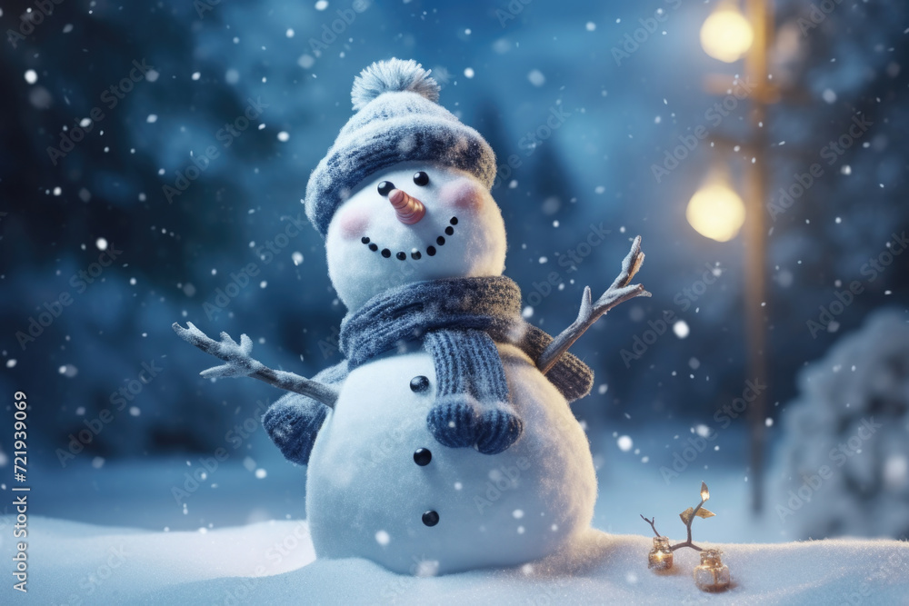 Merry christmas and happy new year greeting card with copy-space. Happy snowman standing in christmas landscape. Snow background. Winter fairytale