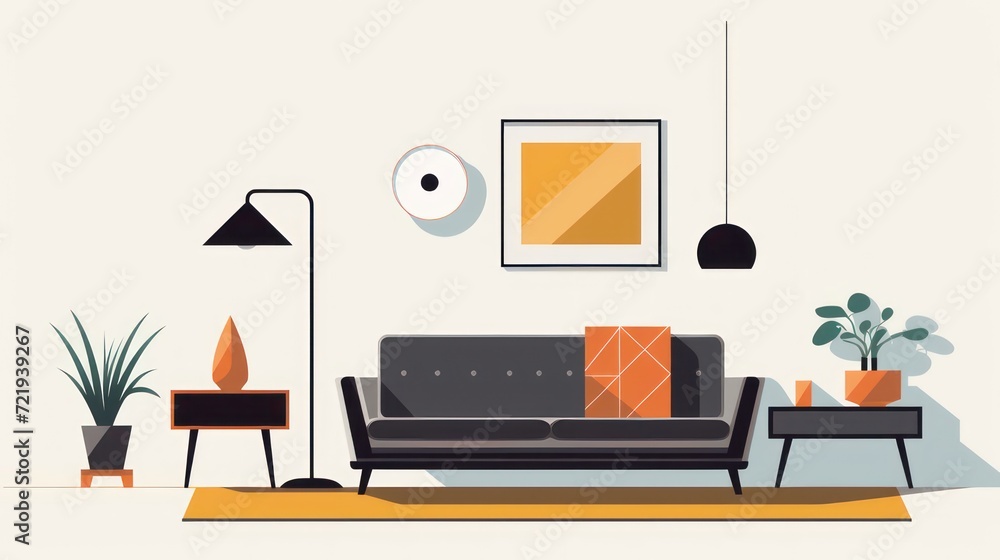 minimalist living room illustration design, sofa, flower vase, lamp, carpet, poster. minimalist living room illustration design, sofa, flower vase, lamp, carpet, poster.