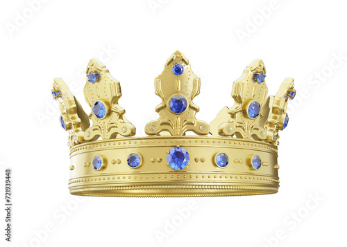3d royal golden crown with blue diamonds on isolated background. Textured king gold crown. 3d rendering illustration.