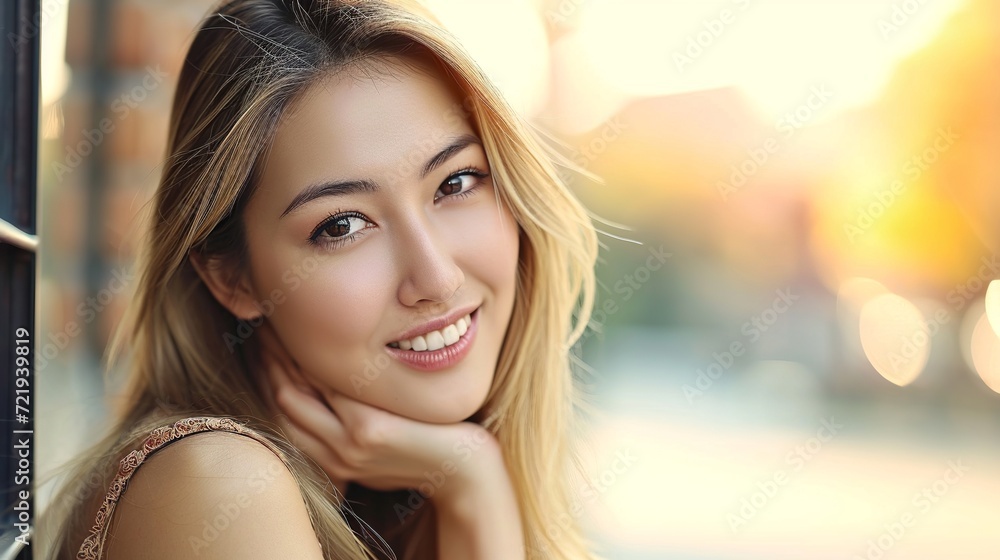 Fototapeta premium Experience beauty in every detail with a captivating woman's face against a natural background. Nature meets elegance in our timeless portrayal. Generative AI