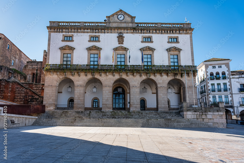 Main facade of the Town Hall of the monumental city of Caceres, Spain.