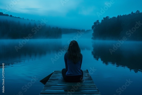 Solitary figure on a dock overlooking a misty lake at dawn, a contemplative and peaceful scene.