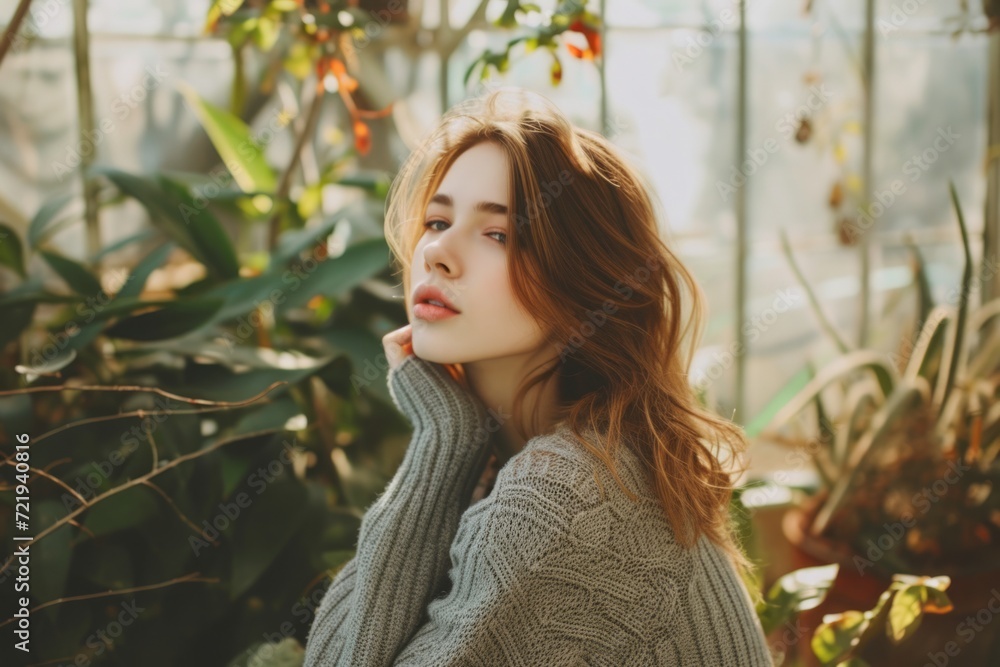 Pensive woman in a cozy sweater amidst lush greenery, a tranquil moment of introspection and natural beauty.
Pensive woman in a cozy sweater amidst lush greenery, a tranquil moment of introspection and natural beauty.
