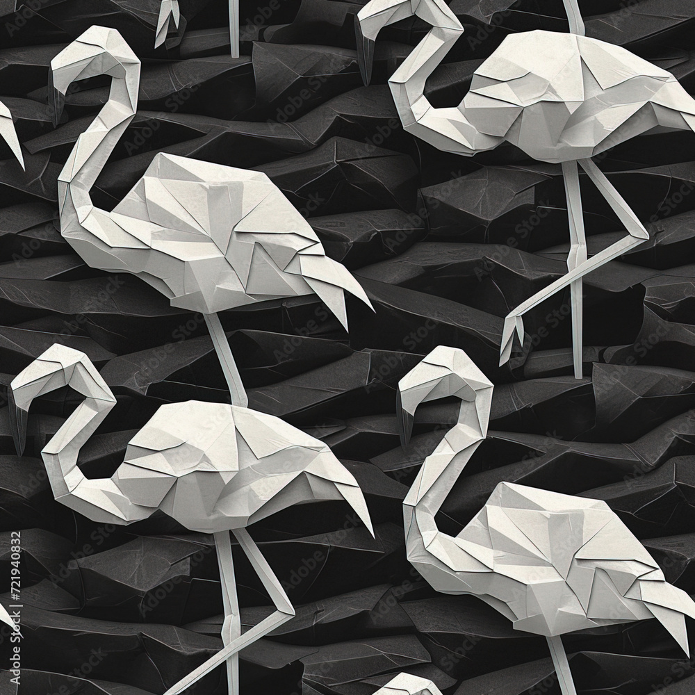 Fototapeta Flamingo paper origami line art cartoon repeat pattern, beautiful pop art repetitive, monochrome