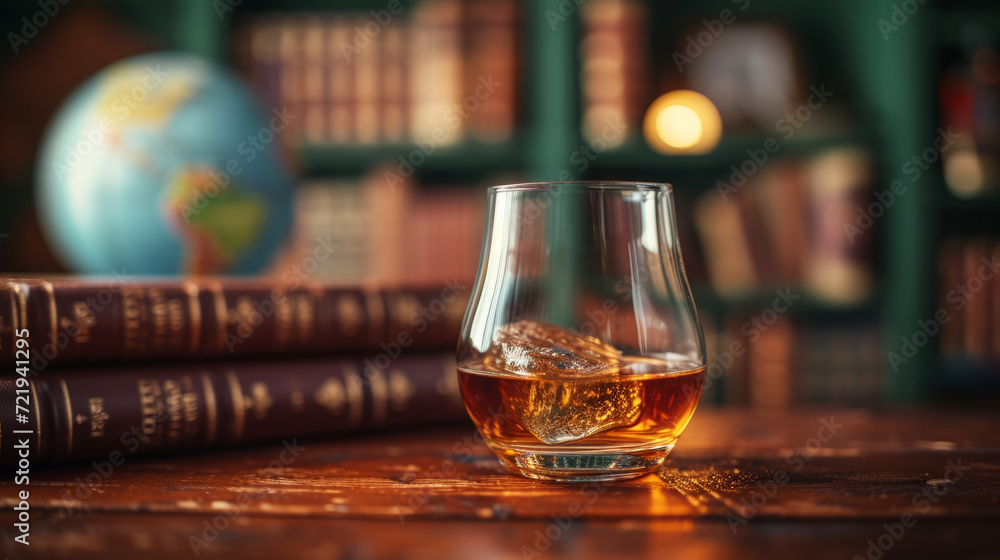 A glass of whiskey with books and a globe A glass of whiskey with books and a globe