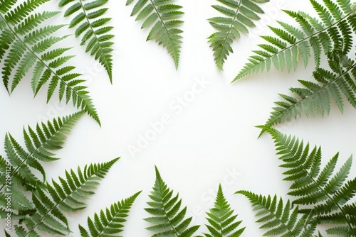 Lush green fern leaves on white background forming a natural frame with space for text  ideal for eco-friendly and wellness themes.  