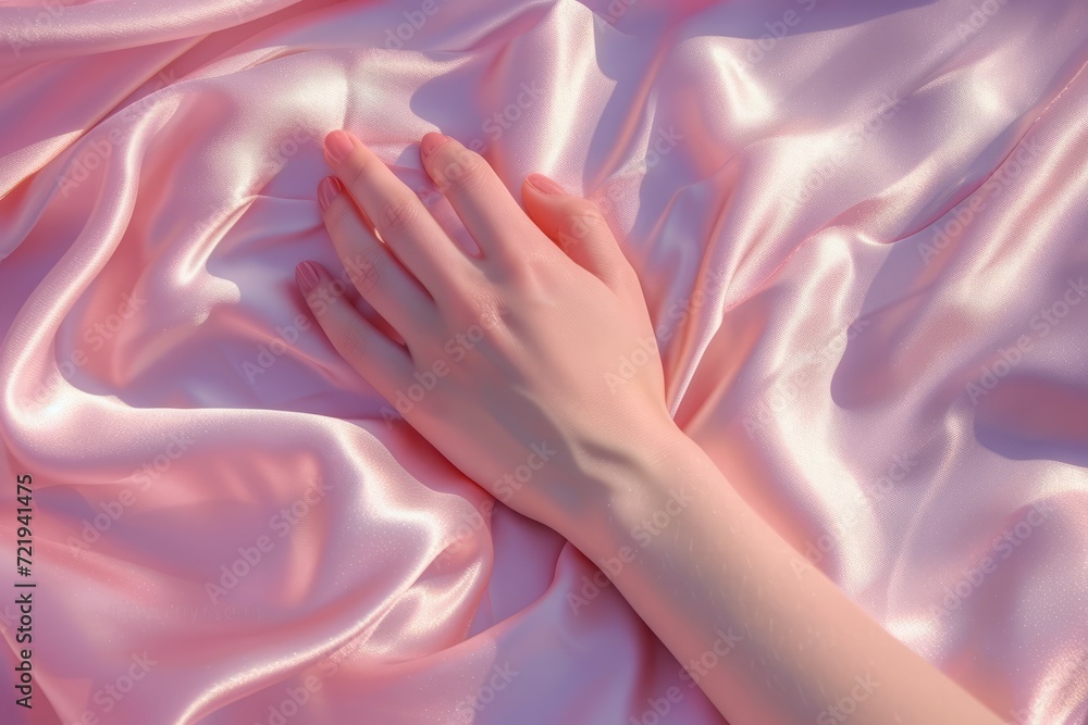 Gentle hand caresses silky satin fabric, evoking a sense of softness and luxury in a tender touch. Gentle hand caresses silky satin fabric, evoking a sense of softness and luxury in a tender touch.