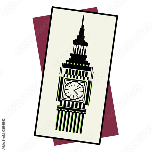 British symbols, stamps. Big ben tower from London in vintage style. English clock. London Icons. 