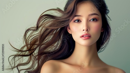 Experience perfection with a close-up of a young Asian woman delicately massaging her flawless face. Explore the essence of beauty in our face cream commercial. Generative AI