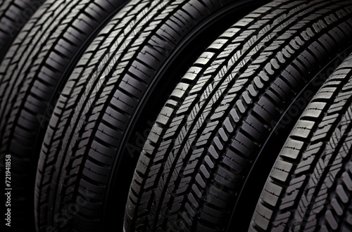 New car tire. Road wheel on dark background. Summer Tire with asymmetric tread design. Driving car concept