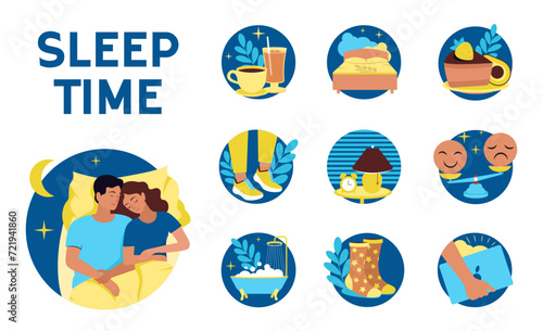 Set of logo for sleep time infographic. The medical template incluide tips good night dream icons