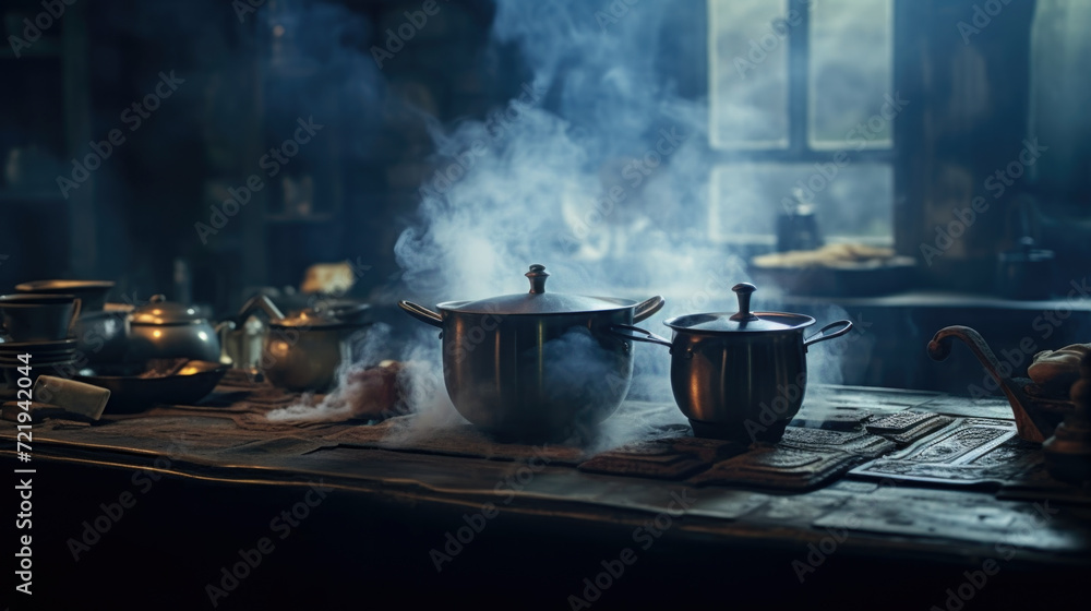 Boiling water with steam in a pot on an electric stove in the kitchen. - obrazy, fototapety, plakaty 