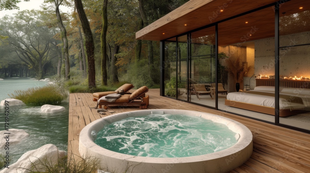 Oasis de luxe en plein air : Jacuzzi sur le pont en bois, détente parmi la verdure près d'une maison moderne