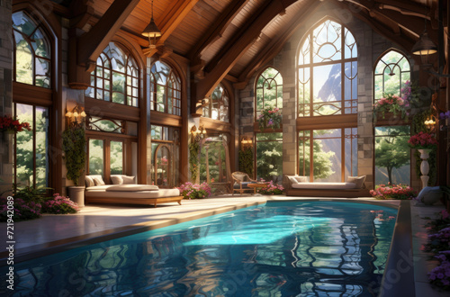 Modern interior of luxury private house. Swimming pull in cottage. Glass wall