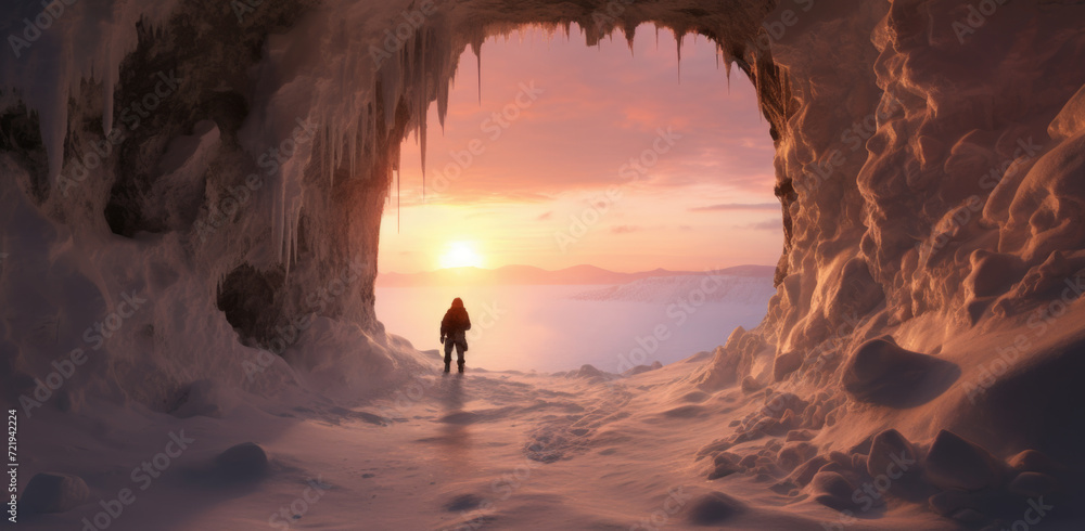Man exploring an amazing glacial cave
