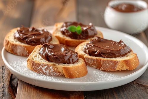 Sweet indulgence Baguette slices generously topped with luscious chocolate paste