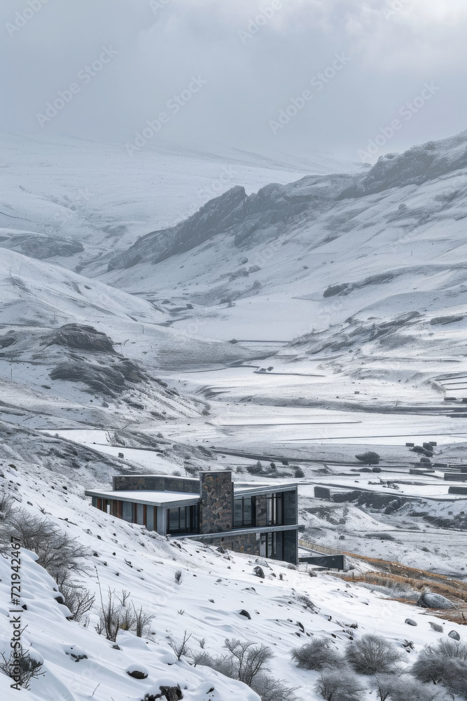 Modern houses in snowy mountains.