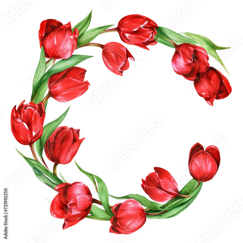 pink Tulips painted wreath isolated on transparent background with space for text