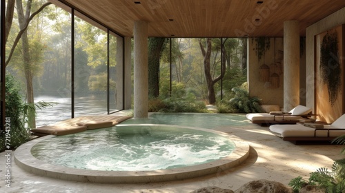 Oasis de luxe en plein air   Jacuzzi sur le pont en bois  d  tente parmi la verdure pr  s d une maison moderne