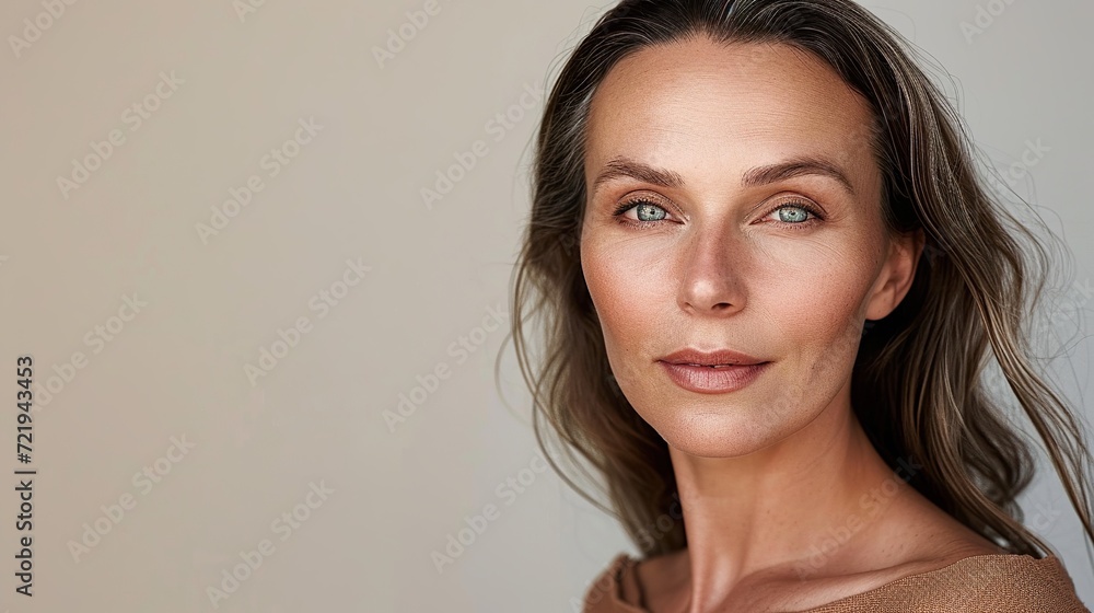 Naklejka premium Rediscover beauty with our middle-aged woman. Embrace timeless elegance and radiant charm. Generative AI