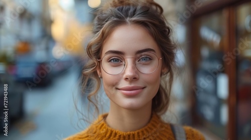 Joie urbaine : Femme souriante en pull jaune, lunettes rondes, ambiance décontractée en ville