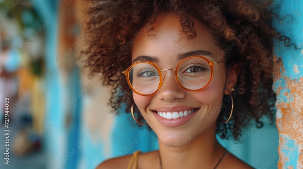 Joie urbaine : Femme souriante en pull jaune, lunettes rondes, ambiance décontractée en ville Joie urbaine : Femme souriante en pull jaune, lunettes rondes, ambiance décontractée en ville