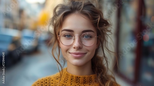 Joie urbaine : Femme souriante en pull jaune, lunettes rondes, ambiance décontractée en ville photo