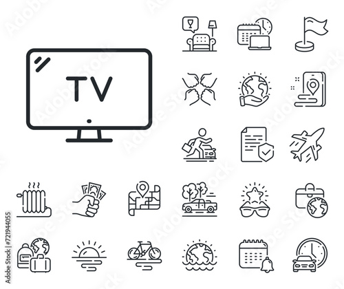 Television sign. Plane jet, travel map and baggage claim outline icons. TV line icon. Hotel service symbol. Tv line sign. Car rental, taxi transport icon. Place location. Airport lounge. Vector