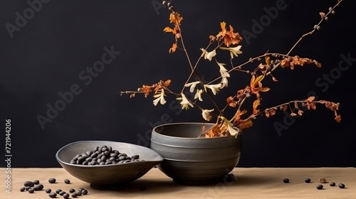 A arrangement that includes branches and bowls of seeds.