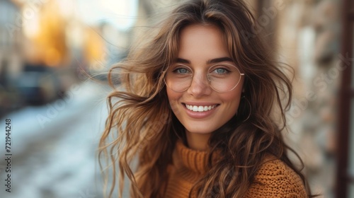 Joie urbaine : Femme souriante en pull jaune, lunettes rondes, ambiance décontractée en ville