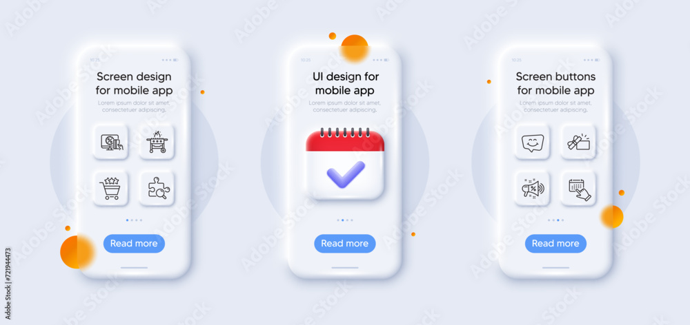 Shopping rating, Event click and Online shopping line icons pack. 3d phone mockups with calendar. Glass smartphone screen. Smile chat, Gas grill, Search puzzle web icon. Vector
