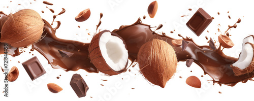 Coconut and chocolate flying on white background photo