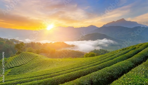 Green tea plantation at sunrise time, nature background. yangzhou jade dragon snow mountains