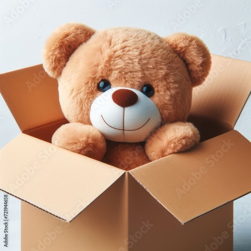 A cheerful toy bear looks out of a box. © Andbiz