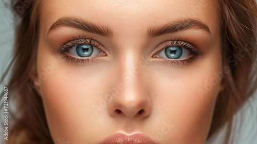 Captivate with a photo showcasing the enchanting blue eyes of a beautiful European woman. Explore the allure in every glance. Generative AI