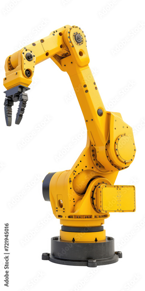An industrial robotic arm painted in yellow with complex joints and gripper, isolated on a white background, symbolizing automation and technology in manufacturing. An industrial robotic arm painted in yellow with complex joints and gripper, isolated on a white background, symbolizing automation and technology in manufacturing.