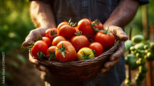 A close-up of a senior farmer holding a basket of vegetables in the garden.