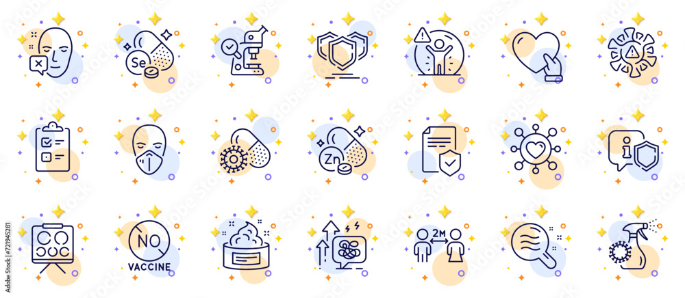 Outline set of Coronavirus, Volunteer and Skin cream line icons for web app. Include Medical mask, No vaccine, Coronavirus spray pictogram icons. Zinc mineral, Face declined. Vector Outline set of Coronavirus, Volunteer and Skin cream line icons for web app. Include Medical mask, No vaccine, Coronavirus spray pictogram icons. Zinc mineral, Face declined. Vector