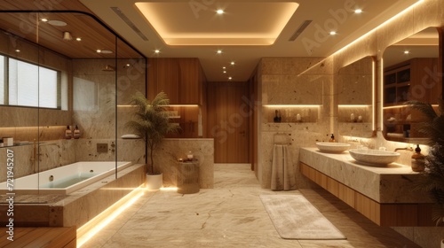Sérénité naturelle : Salle de bains moderne avec baignoire autoportante, accents boisés et vue sur la verdure