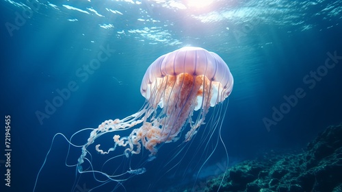 A close-up shot of an enormous jellyfish in the ocean. © Elchin Abilov