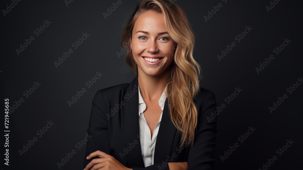 A dark-textured background is the backdrop for this close-up portrait of a smiling blonde businesswoman dressed in formal attire isolated on her face. A dark-textured background is the backdrop for this close-up portrait of a smiling blonde businesswoman dressed in formal attire isolated on her face.