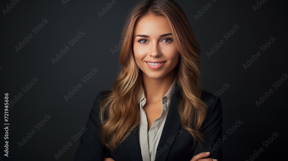 A dark-textured background is the backdrop for this close-up portrait of a smiling blonde businesswoman dressed in formal attire isolated on her face. A dark-textured background is the backdrop for this close-up portrait of a smiling blonde businesswoman dressed in formal attire isolated on her face.